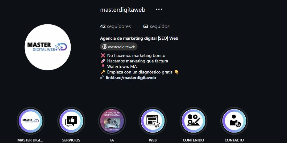 Captura del perfil público real de Master Digital Web en Instagram